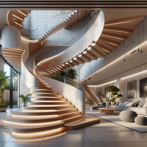 A visually striking image of customized stairs, radiating elegance and sophistication, seamlessly enhancing an Australian home. The stairs serve as a functional and stylish element, elevating the overall aesthetic.
