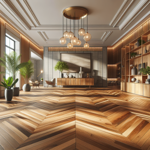 "Discover the allure of herringbone timber flooring in a beautifully designed room. The image showcases an impeccably laid herringbone pattern on a warm-toned wooden floor, exuding elegance and natural charm."
