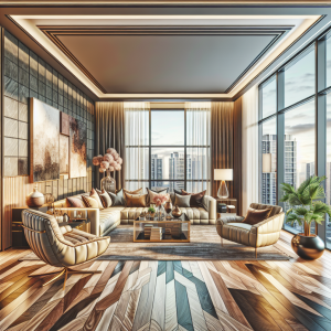 A stylish living room showcasing different flooring options like hardwood, laminate, and tiles in an elegant setting with modern furniture and decorative accents.